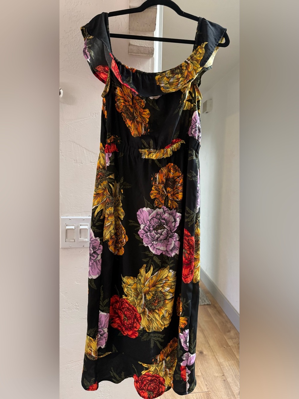 Floral Off-Shoulder Black Maxi Dress - Yellow & Pink Bloom